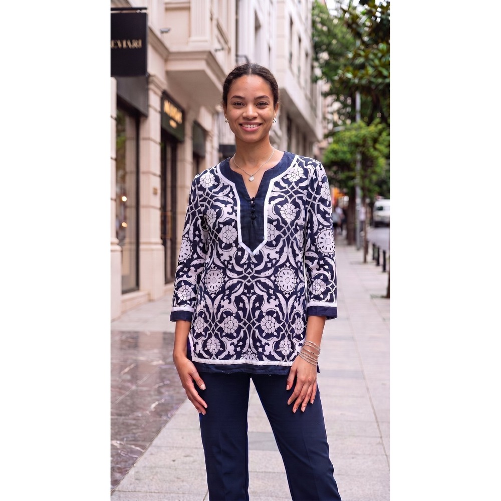 David Brooks Linen Blend Tunic Blouse Women's Large Navy Blue/ White‎ Floral L